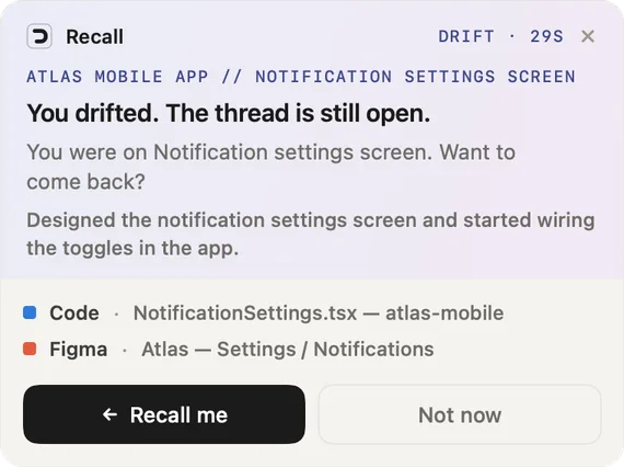 The drift reminder card: You drifted. The thread is still open. It names the thread, what you were doing and the apps it had open, with Recall me and Not now buttons.