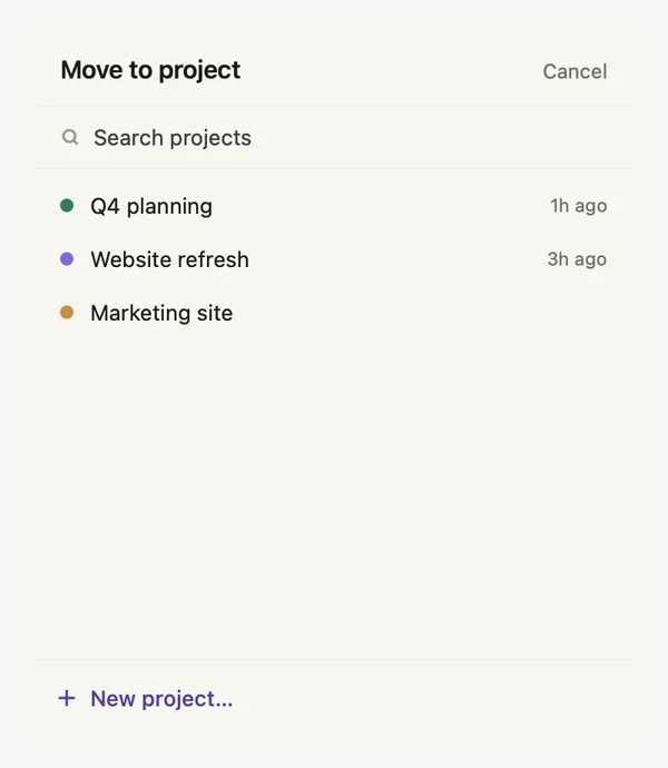 The Move to project picker: search projects, the active projects with when work was last filed to each, and New project