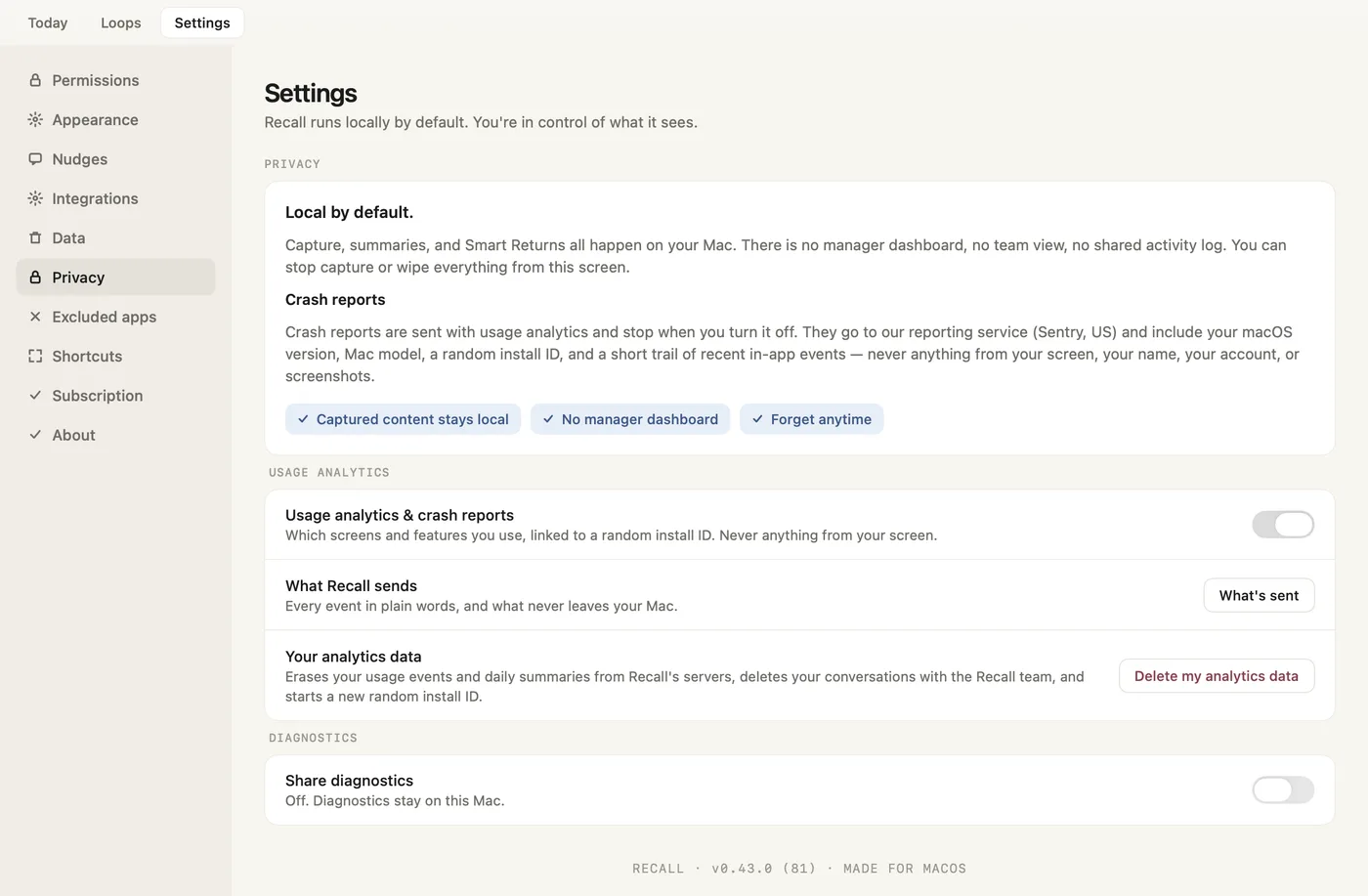 Recall Settings, Privacy: local by default, the usage analytics and crash reports switch, What's sent, Delete my analytics data, and Share diagnostics off
