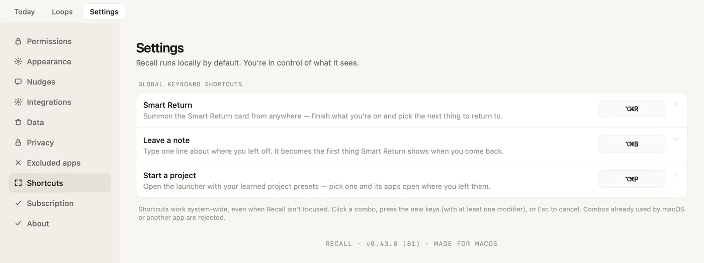 Recall Settings, Shortcuts: Smart Return, Leave a note and Start a project, each with its keys