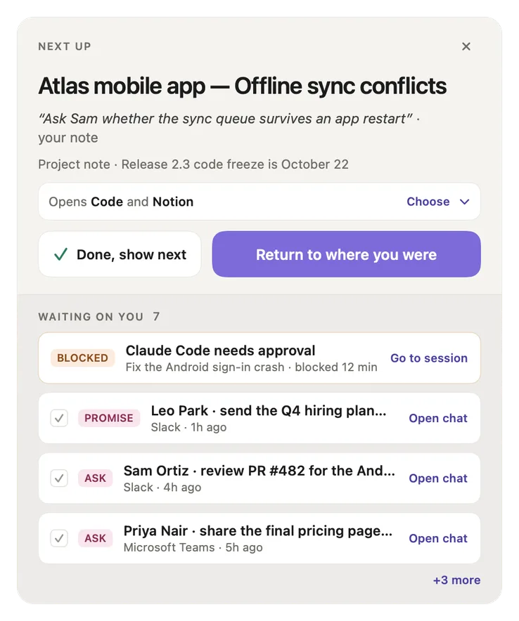 Smart Return showing Next up: the next thread you left a note on, your note, and what it will open