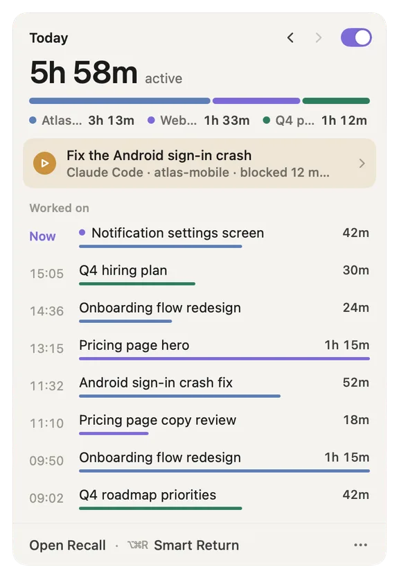 The Recall menu bar tray: today's active time split by project, a coding agent waiting on your approval, and the threads you worked on, newest first