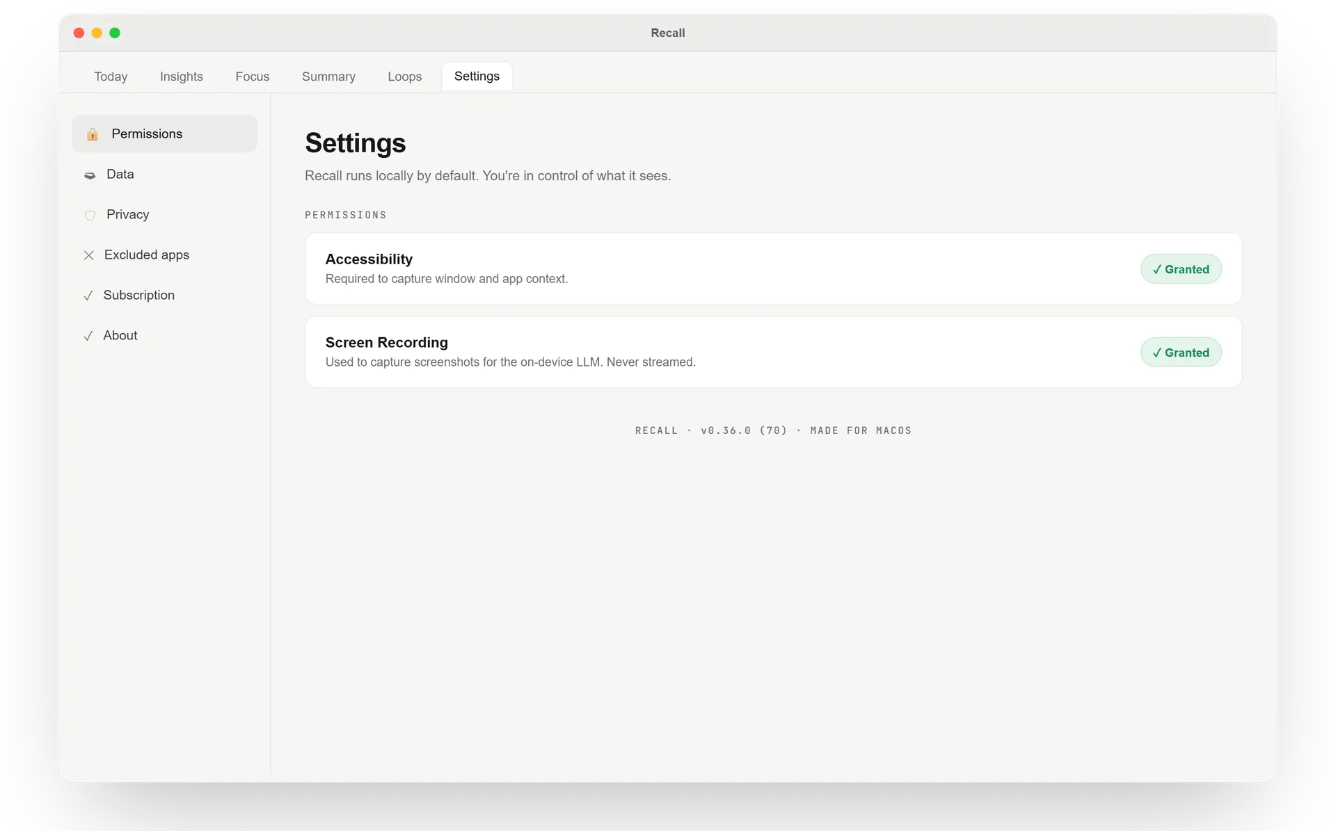 Recall privacy settings showing controls for what Recall sees, stores, and forgets